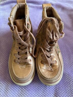Kids Metallic Tan High-Top Boots with Floral Accent